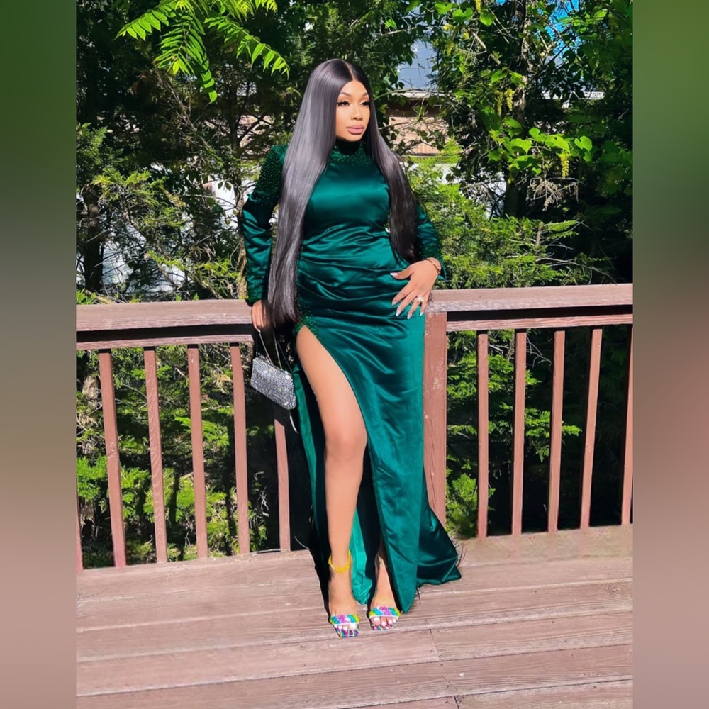 Green long dress with a long slit